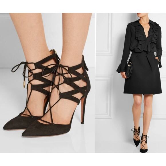 Aquazzura Shoes - Aquazzura Belgravia Lattice Suede Pointed Toe Black Pumps size 40 SW